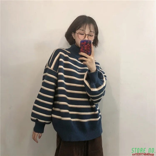 2021 Winter Chic Pullover Women Striped Turtleneck Loose Knitwear Sweater Trendy Ulzzang Warm Student INS Coat Soft Daily Jumper