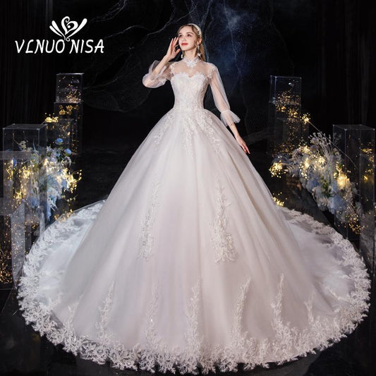 Luxury Lace Embroidery Vintage High Neck three Quarter Wedding Dress 2020Vestidos De Novia Royal Train Bridal Gown Plus Size