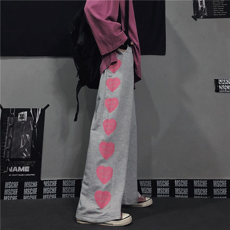 2021 Vintage Women's Pants Ins Heart Print Summer Loose Pockets Elastic Waist Trousers for Female Korean Fashion Wide Leg Pant