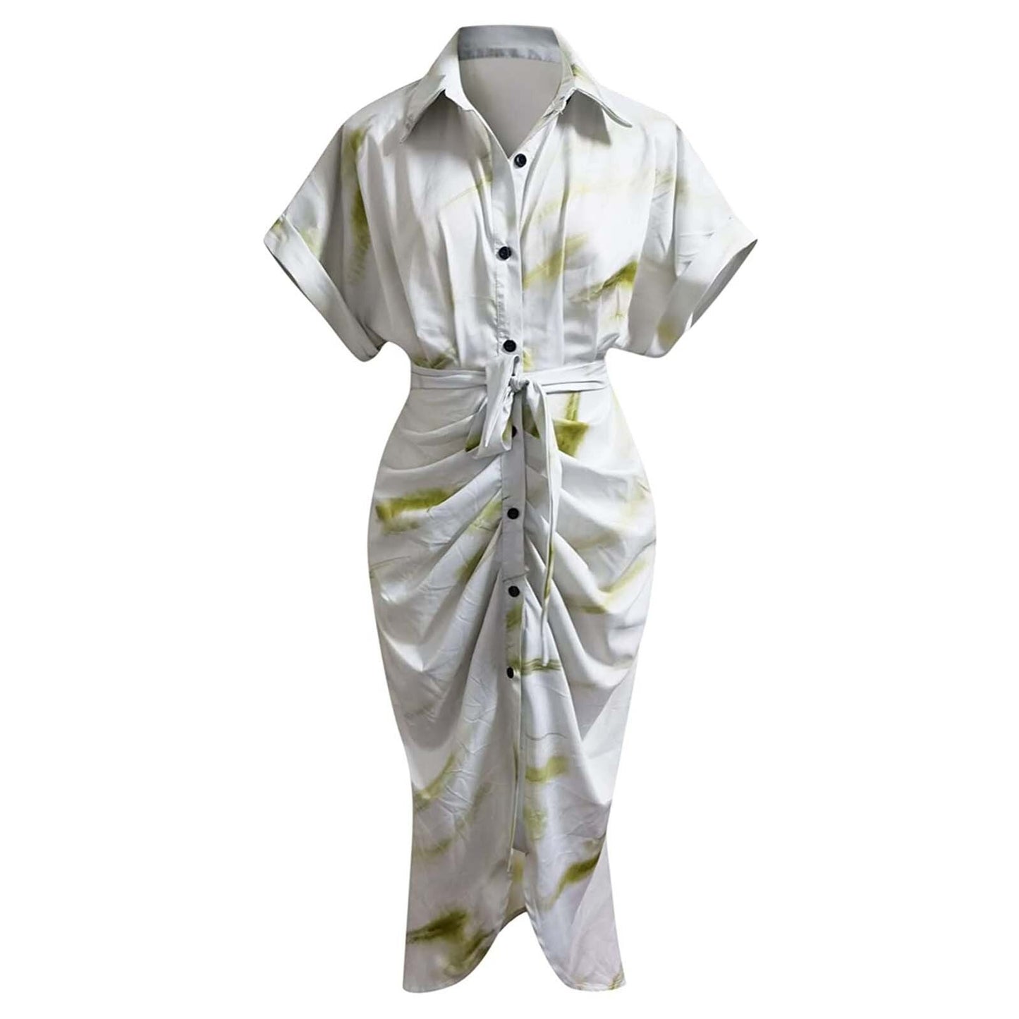 2021 Women Sexy Deep V Draped Shirt Long Dress Fashion Button Slit Bandage Beach Dress Lady Elegant Casual Short Sleeve Dresses