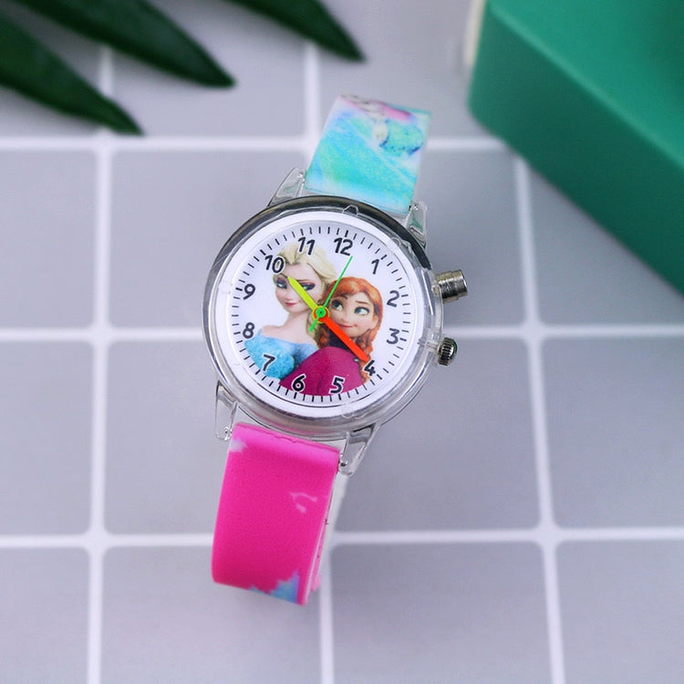 Fashion Cartoon Flash Light Girls Watches Kids with Bracelet Silicone Strap Princess Elsa Children Watches Clock reloj infantil