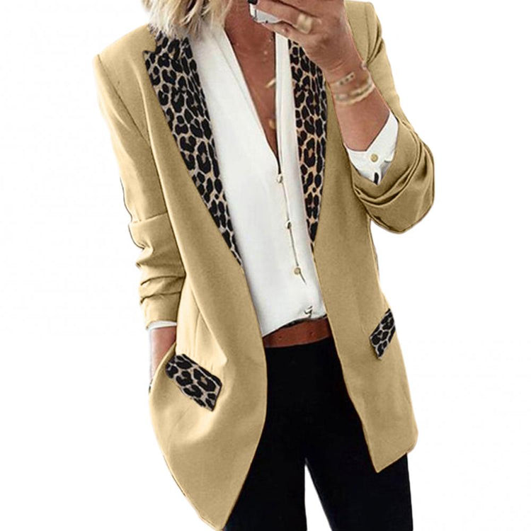 Elegant Women Lapel Leopard Patchwork Blazer Long Sleeve Open Front Slim Coat Jacket Black Blazer Long Coat Thin Jackets Women