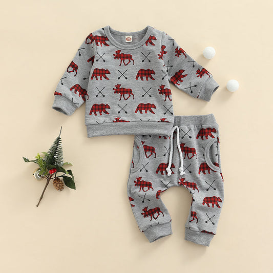 FOCUSNORM 2pcs Toddler Baby Girls Boys Xmas Clothes Sets 0-24M Plaid Deer Printed Pullover Sweatshirt Tops Pocket Pants