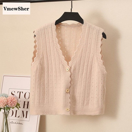 VmewSher New Spring Autumn Women Vest Knitted Hollow Out Solid Casual Sleeveless Pullover V-neck Knitwear Jumper Elegant Top