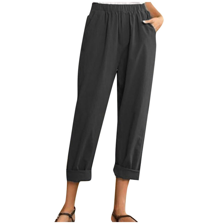Women Linen Pockets Ankle Pants Summer Pure Color Elastic Waist Pants 2021 New Casual Loose Trousers Ladies Leisure Pant