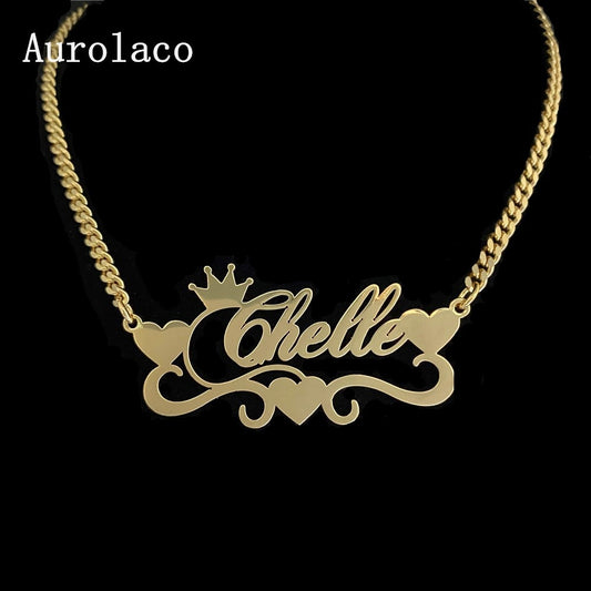 AurolaCo Custom Name Necklace With Heart Personalized Stainless Steel Gold Nameplate Cuban Chain Necklace For Women Gift