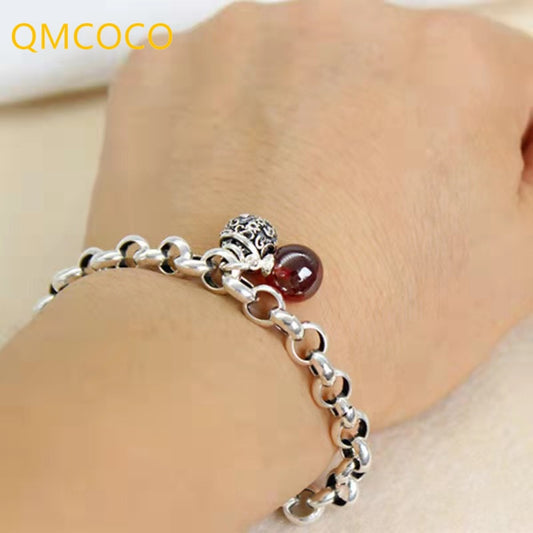 QMCOCO 925  Silver Trendy Vintage Small Round Bell Red Stone Charm Bracelet For Women Birthday Party Jewelry Gifts