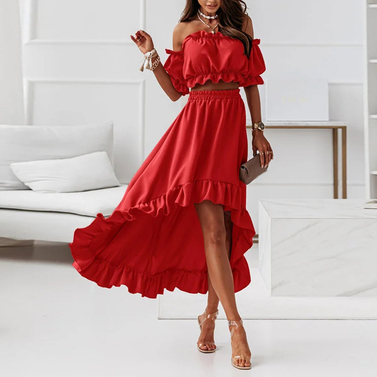Women's One-Piece Collar Sexy Waistless Puff Sleeve Two-Piece Suit Dress Ruffle Floral Print Women Outfits Off Shoulder Backless