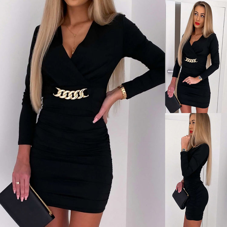 Office Fashion Lady Black Wrap Hip Dress Women Elegant Solid V-neck Metal Chain Belted Mini Dresses Sexy Party Dress Casual