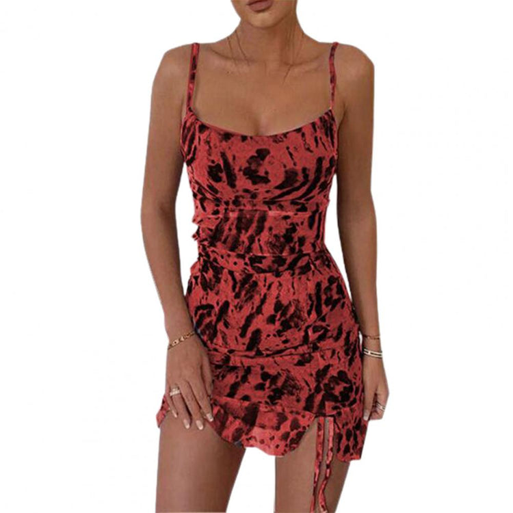 Sexy Women Dress Spaghetti Straps Low Cut Drawstring Ruched Tie Dye Mini Bodycon Dress for Party