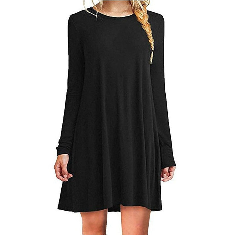 New Summer Women's Short Sleeve Large Size M-2XL Solid Color Dress Round Neck Short Full Sleeve  Loose Slim Commuter Casual