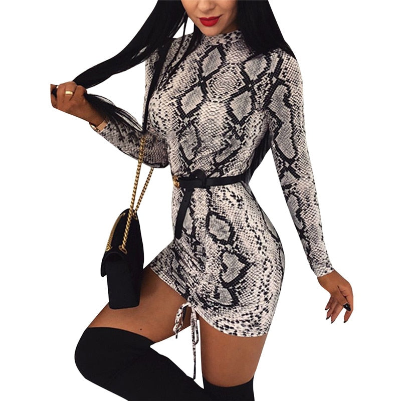 Women Autumn T-shirt Style Leopard Bodycon Dress Snake Print  Long Sleeve Half Sleeve Jumper Mini Dress