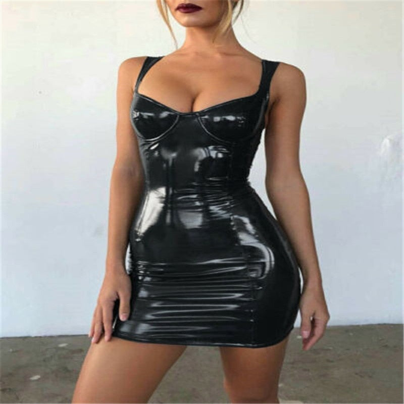 Black Sexy Faux Leather Dress Backless Club Party Short Dress Wet Look Latex Bodycon Push Up Bra Mini Micro Dress