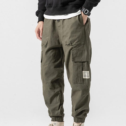 Men Pants Solid Color Casual Multi Pockets Men Mid Rise Drawstring Cargo Pants Male Trousers Streetwear Autumn