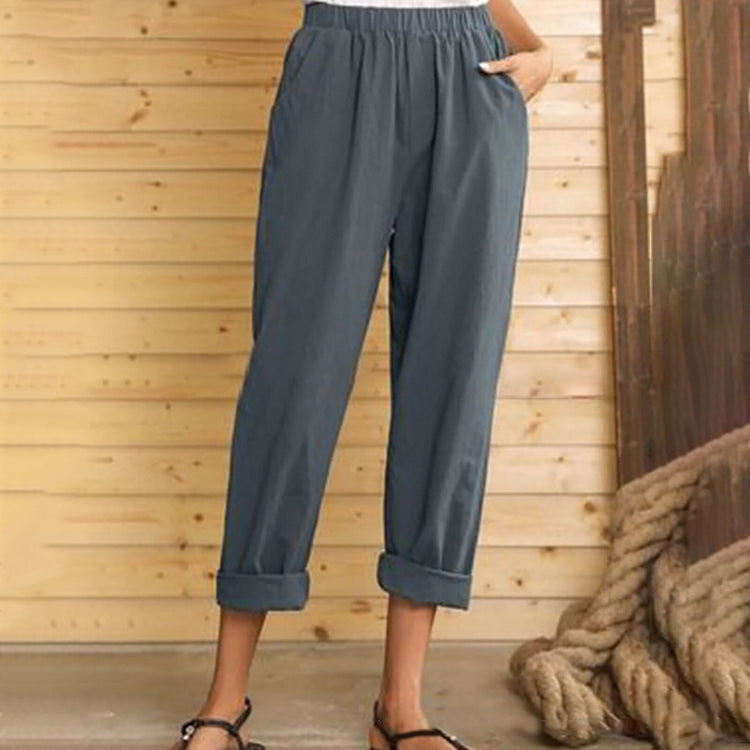 Women Linen Pockets Ankle Pants Summer Pure Color Elastic Waist Pants 2021 New Casual Loose Trousers Ladies Leisure Pant