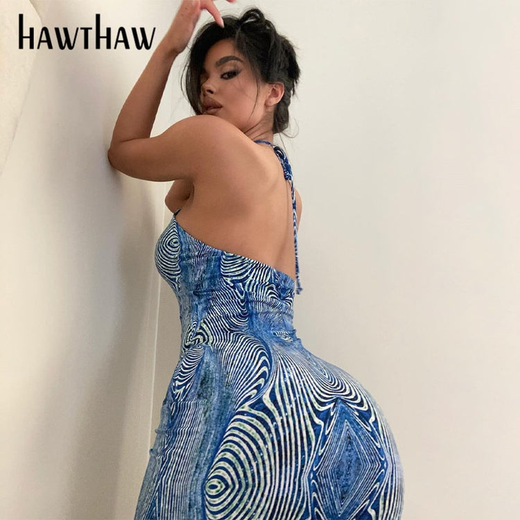 Hawthaw Women Summer Halter Backless Printed Bodycon Sleeveless Pencil Dress Sundress 2021 Female Clothing Streetwear Wholesale