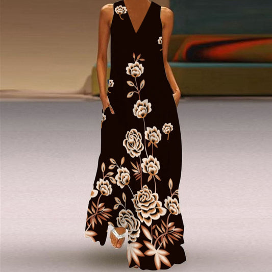 #R5 Floral Print Maxi Dress Women V-neck Sleeveless Long Dress Summer Vintage Party Dresses For Women Vestidos Robe Femme