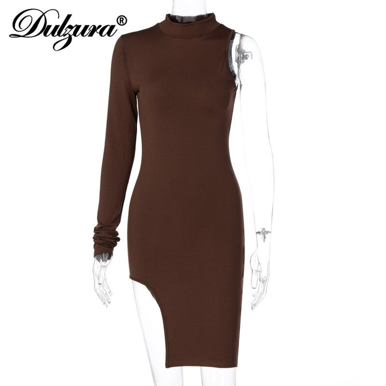 Dulzura solid women mini dress one shoulder long sleeve turtleneck bodycon slit sexy streetwear party elegant 2020 autumn winter