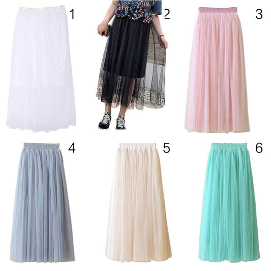 L93F 80CM Womens High Waist Three Layer Sheer Mesh Pleated Tulle Midi Long Tutu Skirt Sweet Solid Candy Color Drape Swing Loose