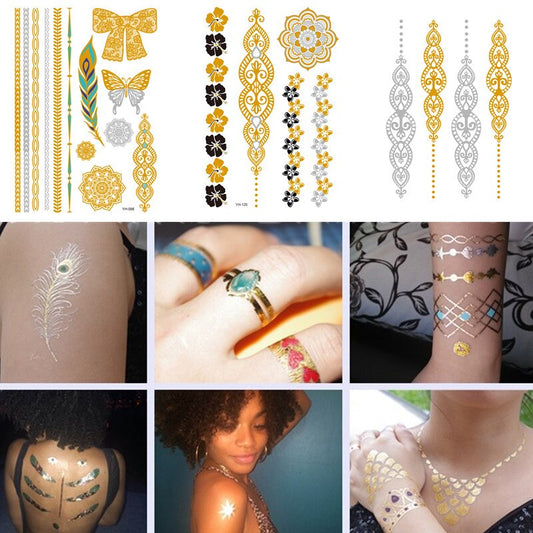 Flash Metallic Waterproof Tattoo Gold Silver Women Fashion Sexy Sun Moon Star Feather Design Temporary Tattoo