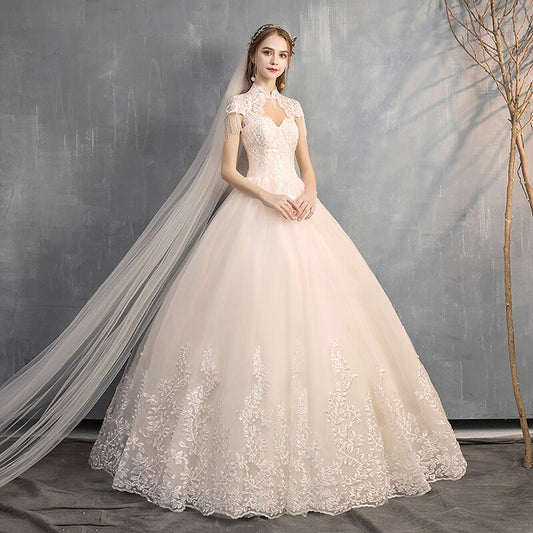 Ezkuntza 2021 Vintage Chinese High Neck Luxury Champagne Wedding Dress Lace Embroidery Flower Lace Up Princess Bridal Gown