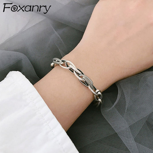 Foxanry 925 Sterling Silver Bracelet Jewelry for Women Trendy Punk Rock Vintage Simple Thick Chain Accessories Gifts Wholesale