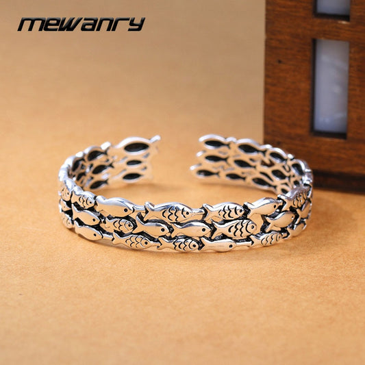 Mewanry 925 Sterling Silver Cute Fish Bracelet New Fashion Vintage Creative Design Party Bride Jewelry Birthday Gifts for Women