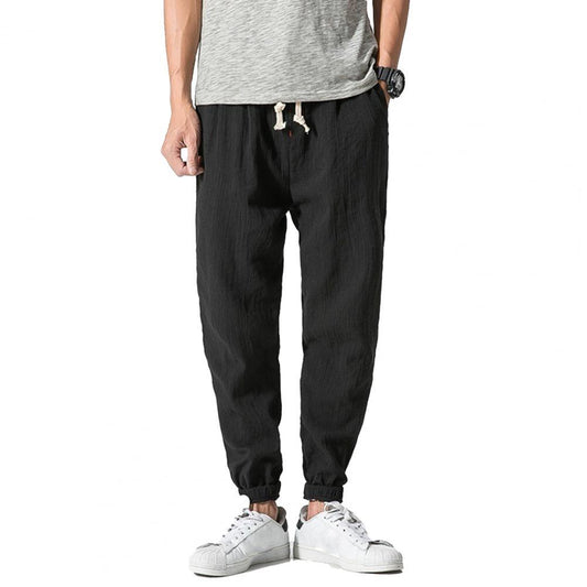 Men Pants Solid Color Drawstring Summer Loose Mid Rise Pockets Trousers for Daily Wear