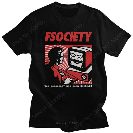 Vintage Funny Mr Robot T Shirt Men 100% Cotton FSociety T-shirt Short-Sleeve F Society Hacker Tee Tops Geek Tshirt Clothing Gift