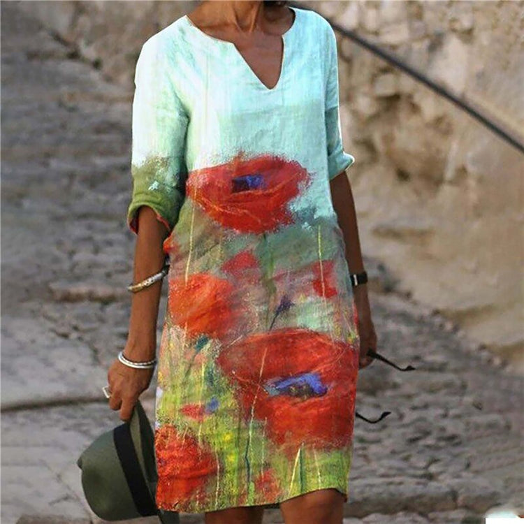 2021 New Woman Vintage Floral Print Dress Summer Fashion Slim V-Neck Half Sleeve Midi Dresses Female Elegant A-Line Beach Dress