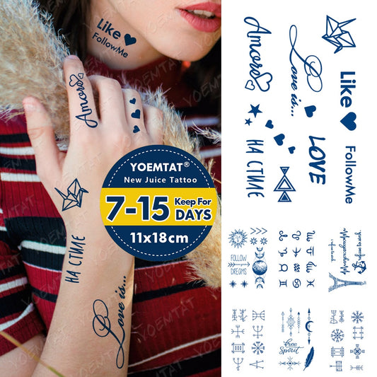 Juice Ink Tattoos Body Art Lasting Waterproof Temporary Tattoo Sticker English Love Text Tatoo Arm Fake Cute Little Tatto Women