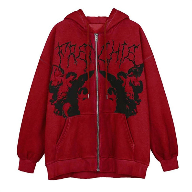 Hip Hop Streetwear Women Print Hooded Jacket Sweatshirts Autumn Winter Plus Size Punk Zipper Tops Coat Goth Outwear Harajuku #C4