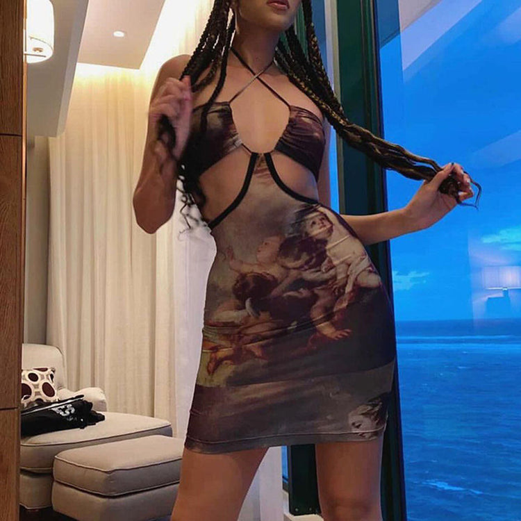 Angel Print Women Halter Bandage Mini Dress 2021 New Y2K Summer Fashion Sexy Sleeveless Hollow Out Backless Party Dress Clubwear