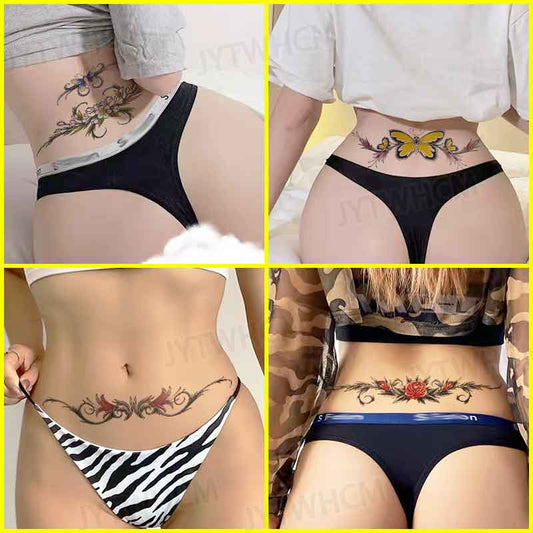 Butterfly Flower Tattoo Sticker Temporary Tattoo Black Sexy Waist Fake Tattoo For Woman Waterproof Big Tattoo on Body Waist