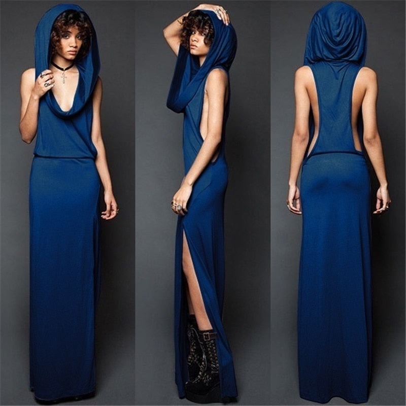 Imily Bela Vintage Hooded Maxi Dress Women Sexy Sleeveless Side Slit Split Bodycon Long Dress Femme Rome Open Side Vestidos
