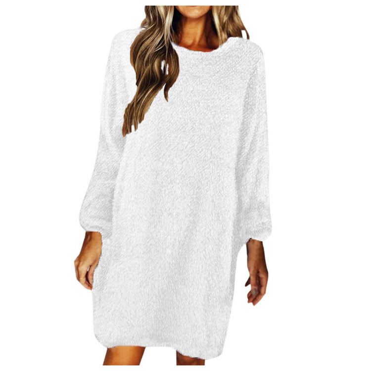 Women Long Sleeve Loose Plush Pullover Sweater Dress Autumn and Winter Casual Comfortable Sweater Soft White  Jumper Sweaters