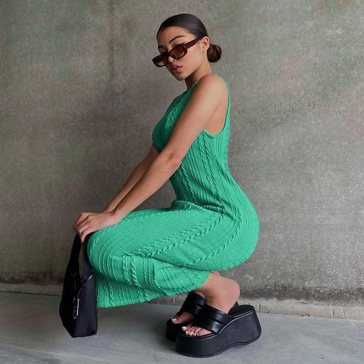 New Summer Solid Color Knitted Sleeveless Round Neck Dress Women Outfits Streetwear Clubwear Casual Urban Bodycon Tank Dresses