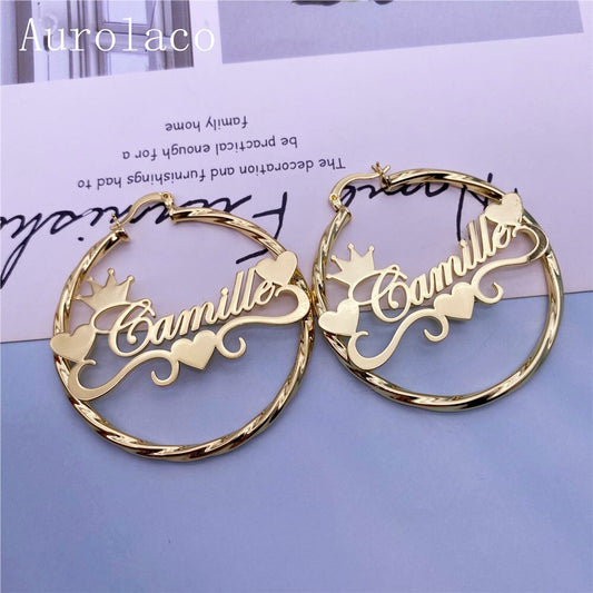 AurolaCo Custom Name Earrings Stainless Steel Customize Hoop Earrings New Nameplated Earrings with Heart For Women Gifts