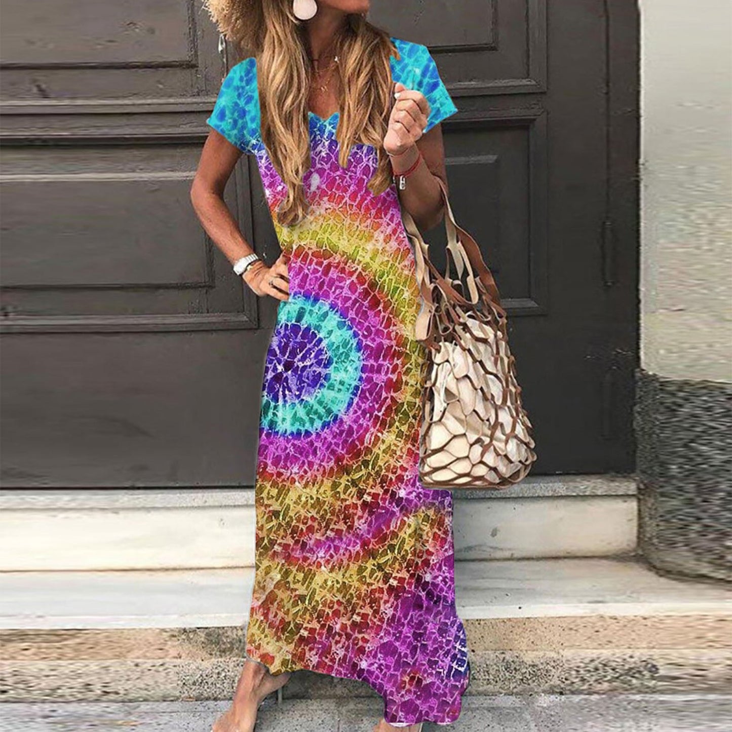 Summer Vintage Distressed Casual Long Maxi Dress Women's  Womens Smooth Comfy Flower Tie-Dye Printing  Dresses Holiday Vestidos