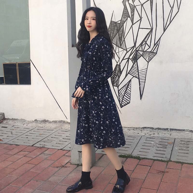 Autumn Korean Style Artistic Temperament Neckline Lacing Mid-Length Long Sleeve Floral Dress Slimming Chiffon Dress for Women