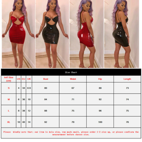 Women Sexy dress Spaghetti Strap Dress Latex Faux Leather Hole Hollow Deep V Neck Bodycon Clubwear Mini Dress hot