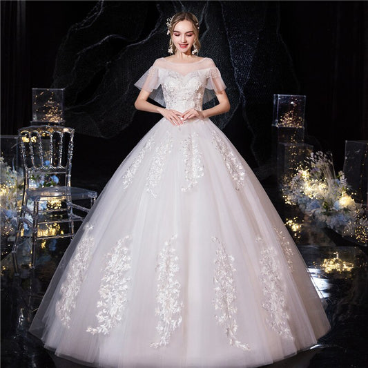 Wedding Dresses Illusion O-Neck Short Tulle Beading Embroidery Button Floor-Length Luxury White Vintage Women Bride Gown GB161