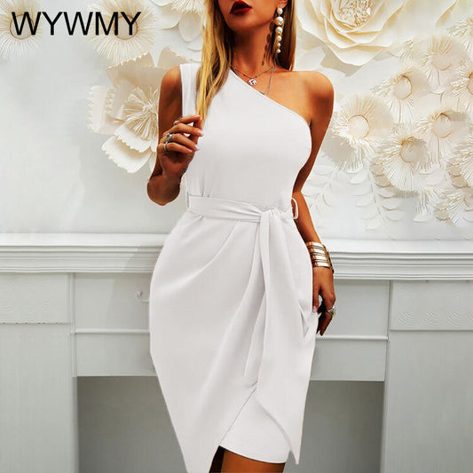 WYWMY Fashion Asymmetrical Dresses For Women 2021 Elegant Temperament Inclined Shoulder Solid Sleeveless Belt Party Midi Dress