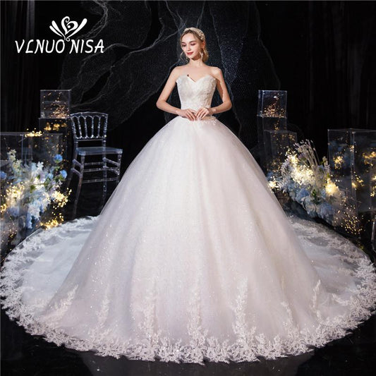 Vestidos De Novia White Wedding Dresses Strapless Luxry Sequined Bead Embroidery Pleat Elegant Bride Dress Sweep Train Gelinlik