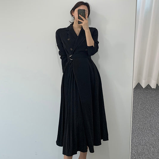 One Piece Dress Korean Chic Minimalist Suit Collar Double Breasted Lace Up Waist Slim Long Sleeve Pleated Dress