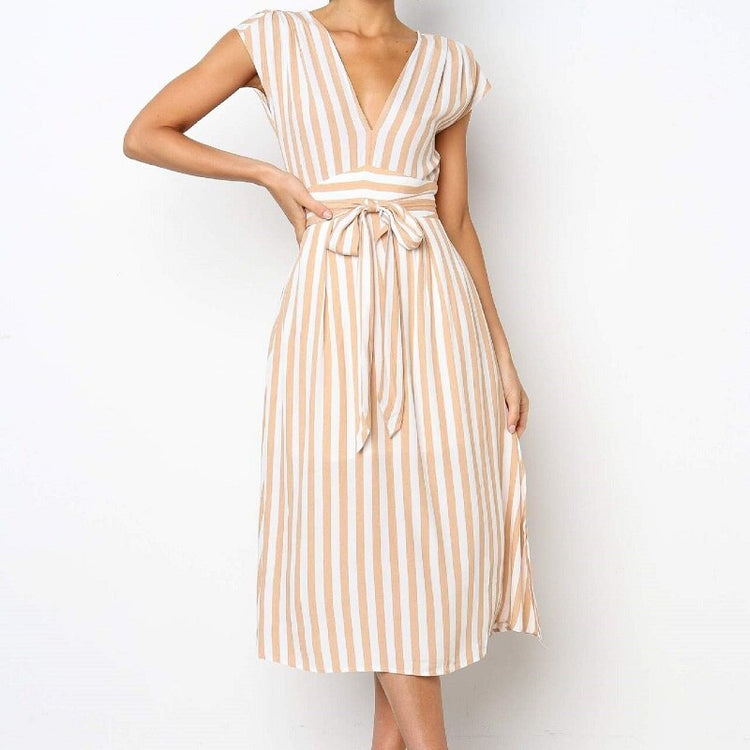 Summer Women Stripe Dress Long Dress Sexy Deep V-neck Elegant SleevelessLadies Dresses 2021 Women Clothing Midi Dress
