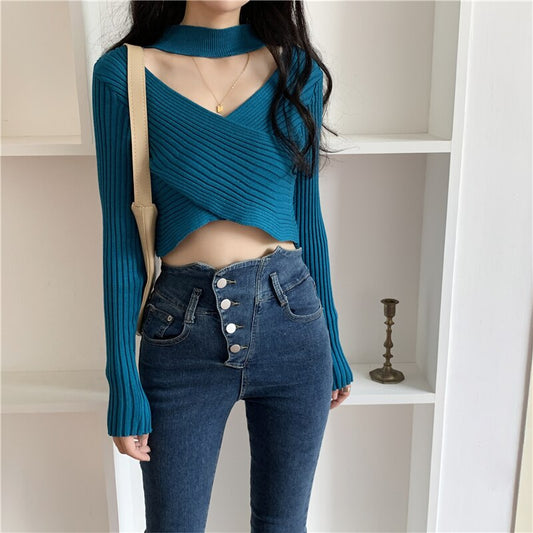 New Autumn Winter Sweater V-Neck Cross Sexy Pullovers Knitted Ladies Sweater Elegant Women's Short Knitwear Jumpers