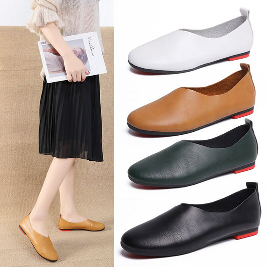 Spring and Autumn women's leather flat shoes non-slip round head flat casual fashion waterproof walking loafers
