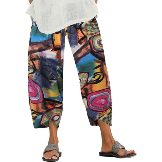 Plus Size Women Casual Pants Pockets Elastic Waistband Ninth-length Skin-friendly High Waist Wide Leg Summer Pants Trousers