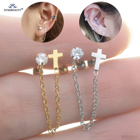 0.8*6mm Thin Cross Tassel Earrings for Women Ear Piercing Chain Cartilage Piercing Helix Piercing Tragus Earring Studs Crystal